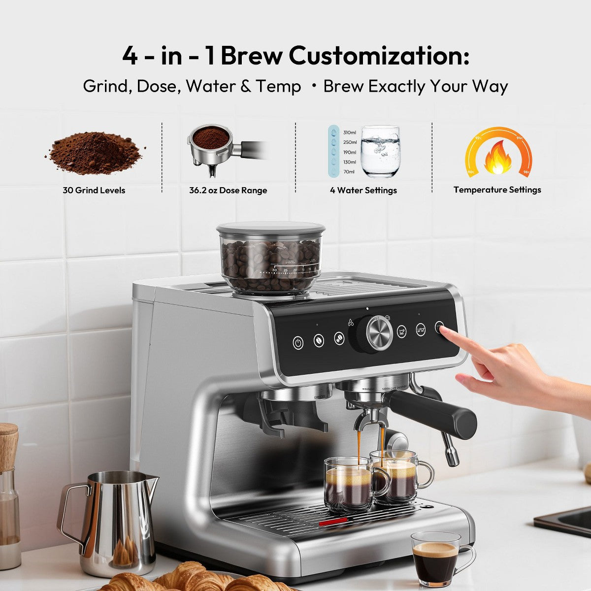 EUHOMY Espresso Machine with Grinder, 15 Bar Coffee Maker with Milk Frother Steamer Wand, Removable Water Tank, Silver - Additional view
