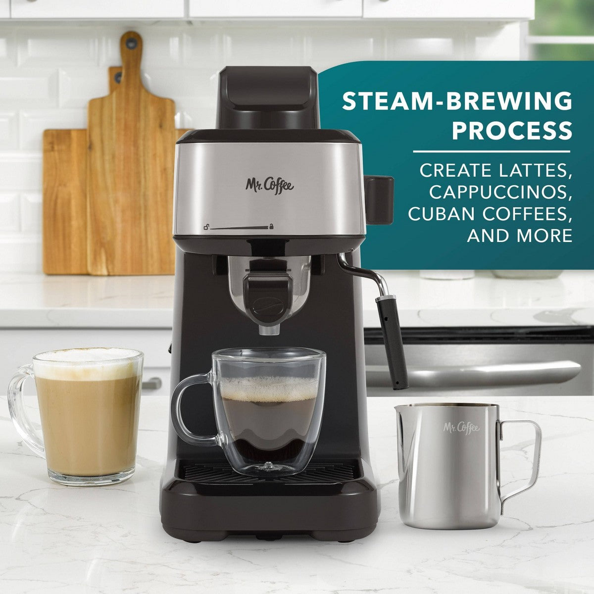 Mr. Coffee Steam Espresso Maker with Stainless Steel Frothing Pitcher: 900W Electric, 8-Cup Capacity, Black - Additional view