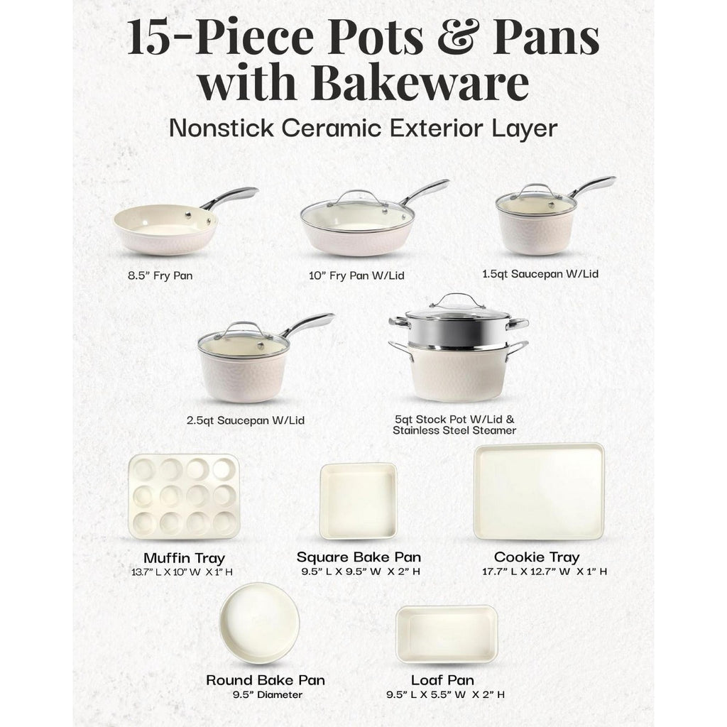 Gotham Steel Hammered Cream 15 Pc Nonstick Pots and Pans Cookware and Bakeware Set - Additional view