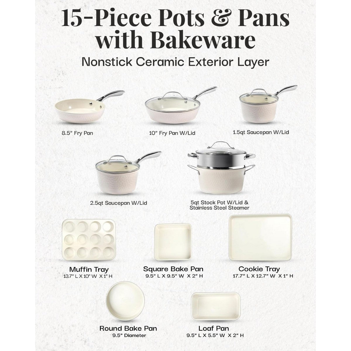Gotham Steel Hammered Cream 15 Pc Nonstick Pots and Pans Cookware and Bakeware Set - Additional view