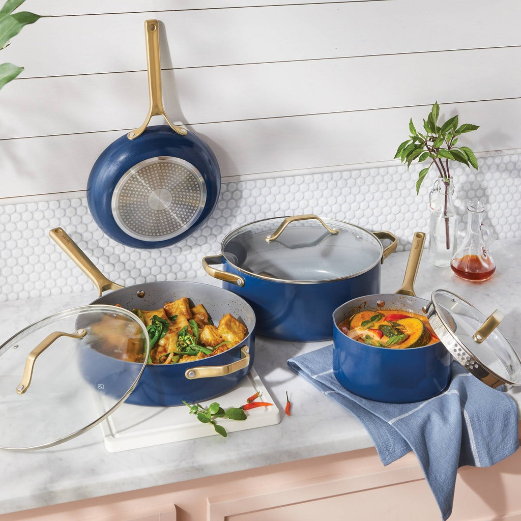 7pc Nonstick Ceramic Coated Aluminum Cookware Set with Champagne Handles Navy - Figmint™ - Additional view