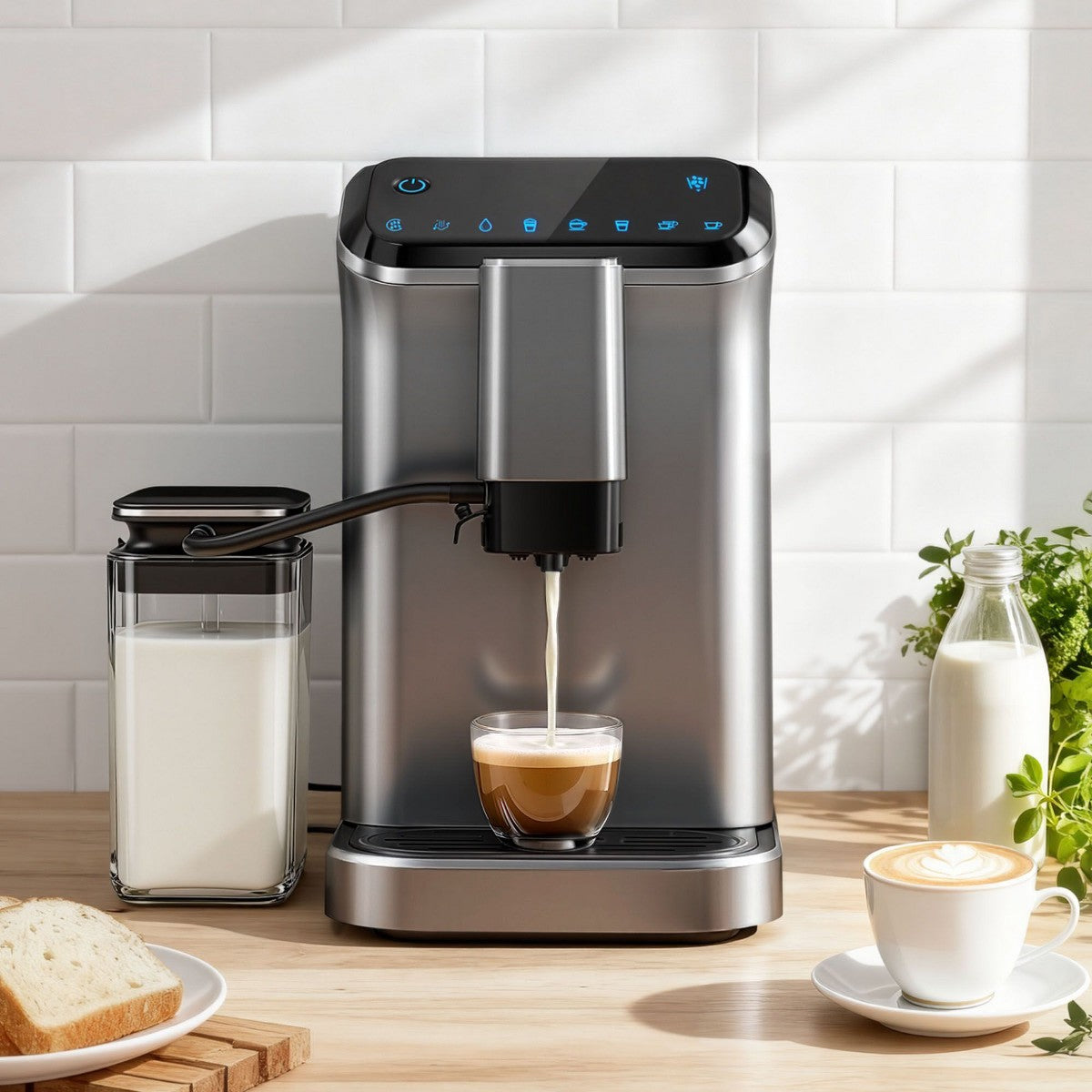 EUHOMY 20 Bar Fully Automatic Coffee and Espresso Machine with Milk Frother & Smart Touchscreen, Self-cleaning, Removable Water Reservoir, Silver - Additional view