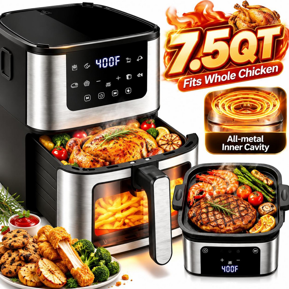 7.5qt Digital Air Fryer with 8 One-Touch Functions & Guided Cooking, Black: Kitchen Appliance