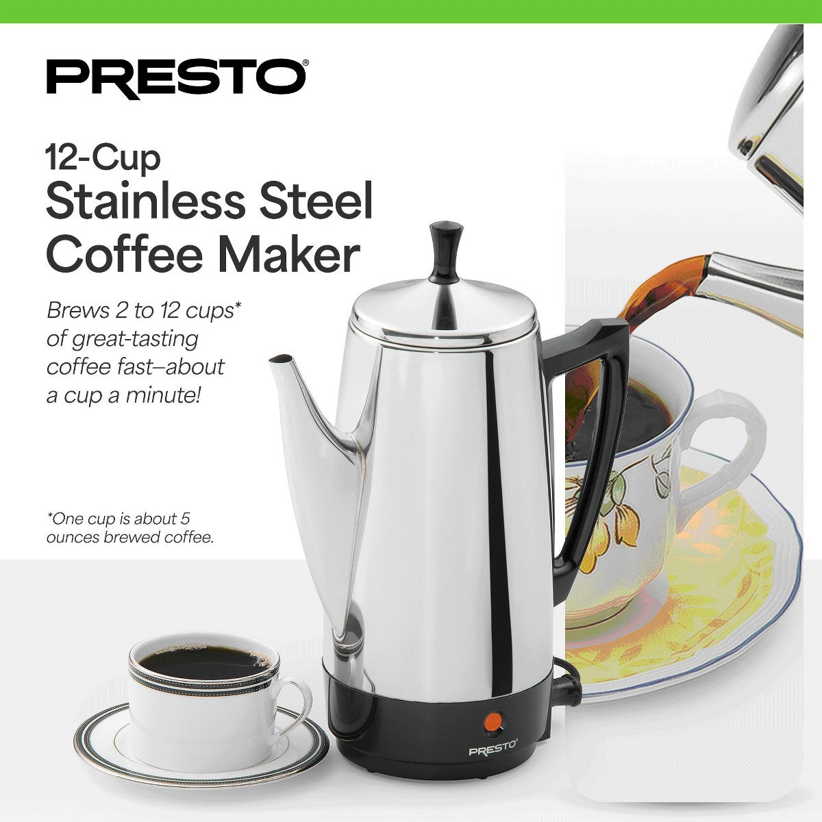 Presto Stainless Steel Coffee Maker, 12 Cup Robust Percolator Coffee, Silver - Additional view