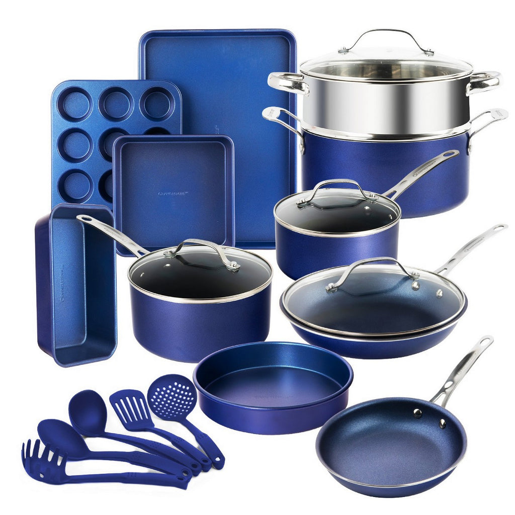 Granitestone Diamond 20 Pc Nonstick Pots and Pans Cookware Set with Bakeware and Utensils Blue