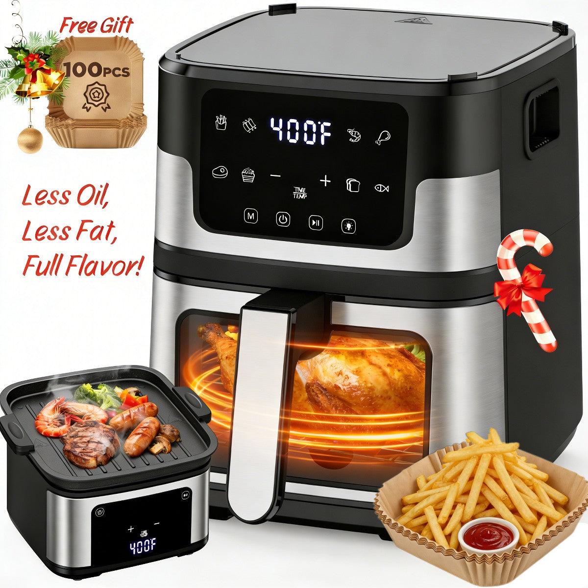 Air Fryer Oven 7.5Qt , 8 Presets Fry Touch Panel Easy View Window, New Black